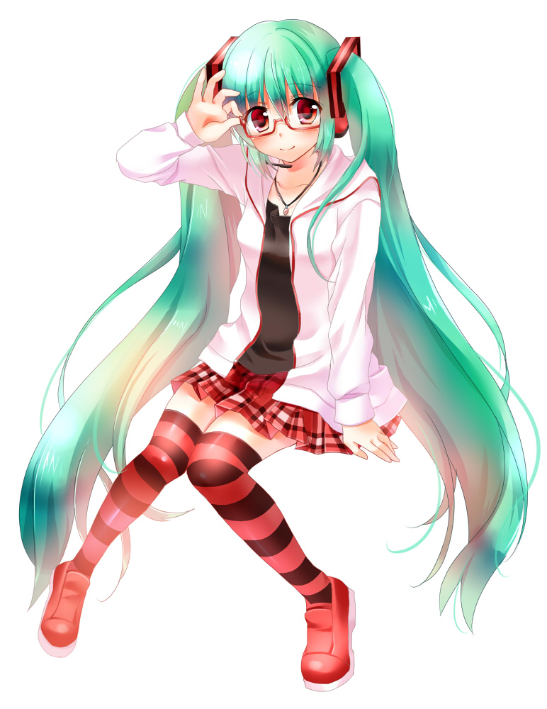 bad_id bad_pixiv_id blush glasses green_hair hatsune_miku headset jewelry kocchi_muite_baby_(vocaloid) long_hair muraten necklace red_eyes sitting skirt smile solo striped striped_legwear thighhighs twintails very_long_hair vocaloid white_background