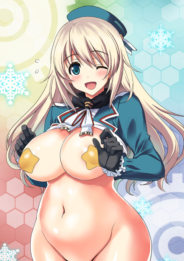 ;d atago_(kantai_collection) blonde_hair blue_eyes blue_hat blush bottomless breasts flying_sweatdrops gloves groin hat kantai_collection kyougoku_shin large_breasts long_hair military military_uniform one_eye_closed open_mouth pasties smile solo sweatdrop uniform