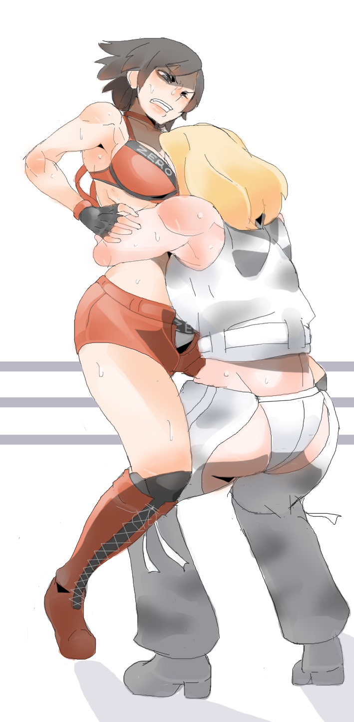 2girls ass bearhug black_hair blonde_hair boots breasts clenched_teeth dixie_clemets hinomoto_reiko large_breasts multiple_girls rumble_roses ryu3224 sweat teeth thighs wrestling wrestling_outfit