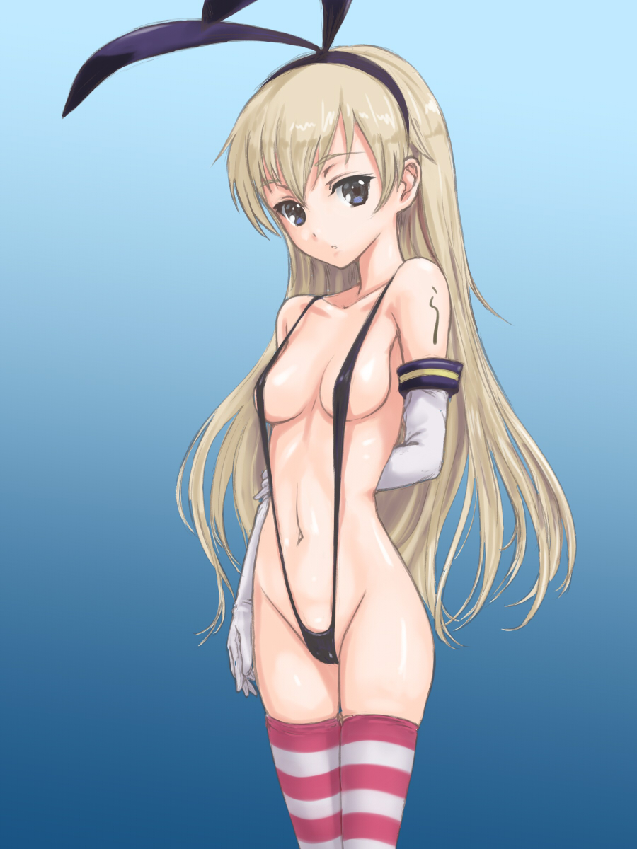 blonde_hair blue_eyes blush breasts elbow_gloves gloves hairband highres kantai_collection long_hair looking_at_viewer navel rasukaru shimakaze_(kantai_collection) slingshot_swimsuit small_breasts solo striped striped_legwear swimsuit thighhighs white_gloves