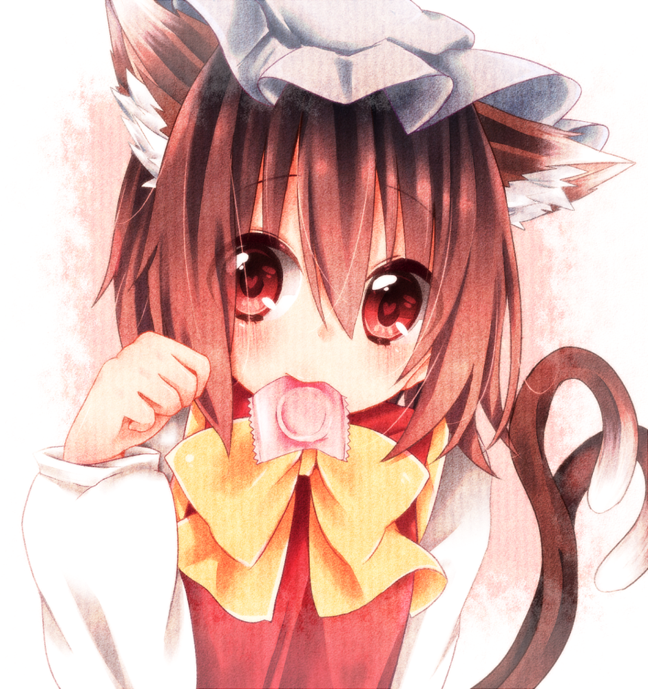 animal_ears bow brown_hair cat_ears cat_tail chen condom condom_in_mouth dress hat long_sleeves looking_at_viewer mitoki_6x6 mouth_hold multiple_tails nekomata paw_pose red_dress red_eyes shirt solo tail touhou upper_body