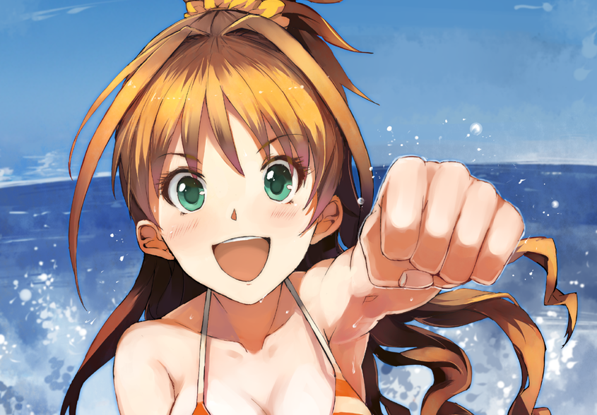 :d blush breasts cleavage clenched_hand cloud collarbone day foreshortening green_eyes hair_intakes hino_akane_(idolmaster) idolmaster idolmaster_cinderella_girls kusanagi_kaoru long_hair looking_at_viewer medium_breasts ocean open_mouth orange_hair portrait sky smile solo water