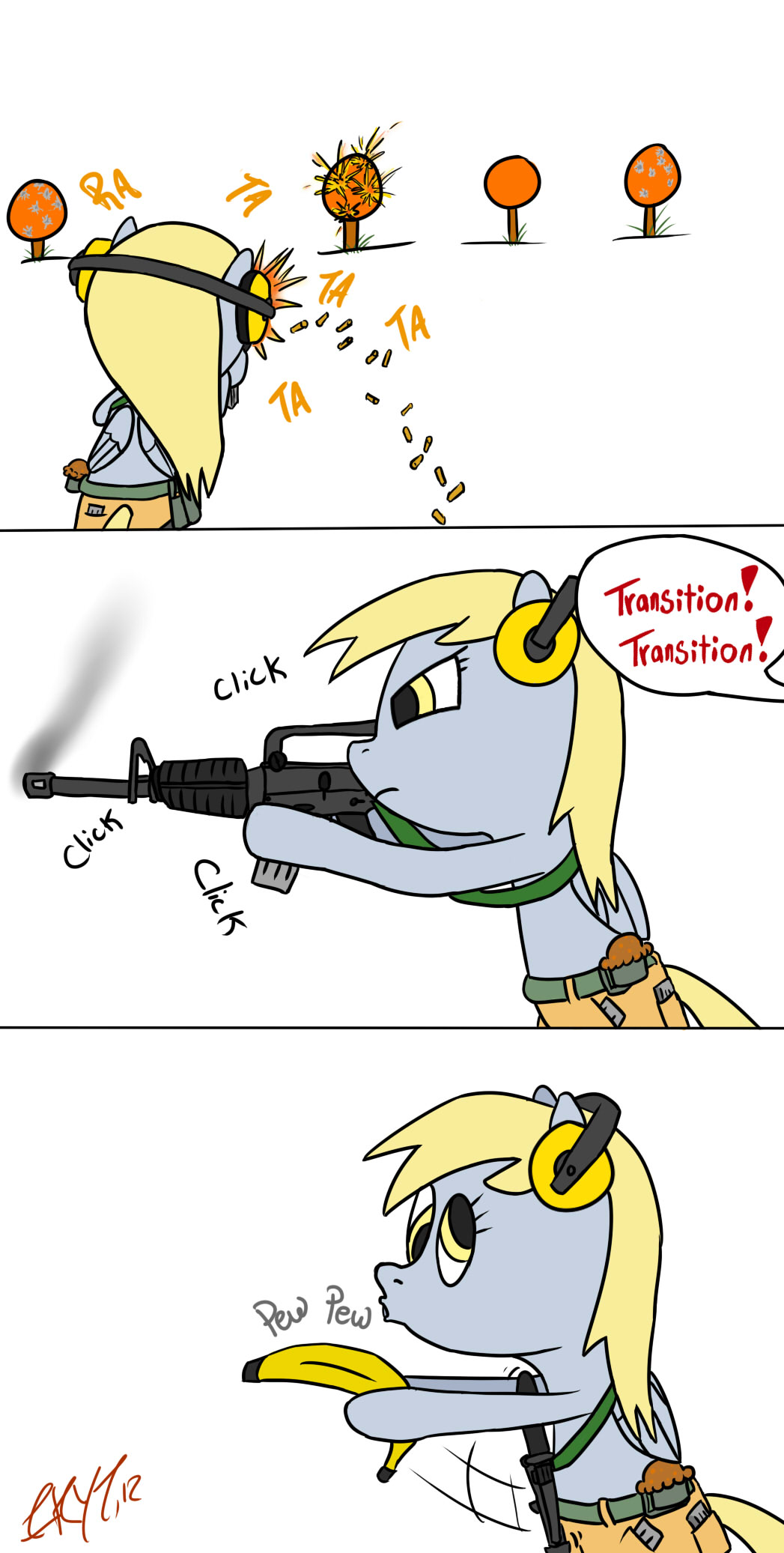 banana blonde_hair bullet derpy_hooves_(mlp) dialog english_text equine eyes female feral friendship_is_magic fruit fur grey_fur gun hair horse illkillyoutoo m4 mammal my_little_pony pegasus plain_background pony ranged_weapon text weapon wings yellow_eyes