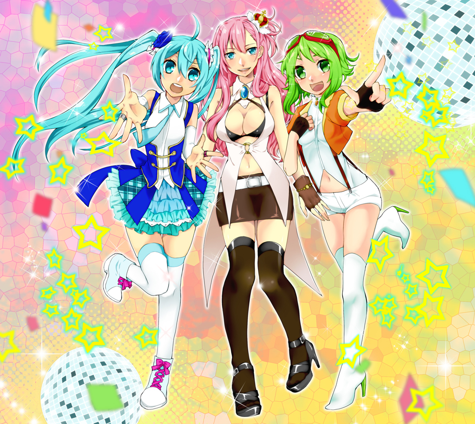 ahoge aqua_eyes aqua_hair belt boots breasts cleavage detached_sleeves fingerless_gloves gloves goggles goggles_on_head green_eyes green_hair gumi hatsune_miku high_heels jewelry long_hair medium_breasts megurine_luka minatasiro multiple_girls navel necktie open_mouth pink_hair pointing ring shoes short_hair skirt standing standing_on_one_leg star thigh_boots thighhighs twintails vocaloid