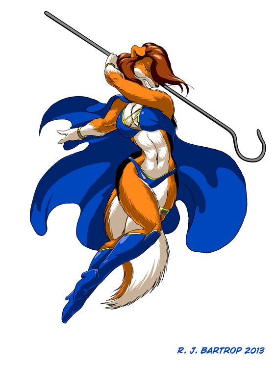 angry boots border_collie bracelet breasts canine cape clothed clothing dog female jewelry mammal navel plain_background polearm richard_bartrop rough_collie skimpy staff superhero teeth weapon white_background