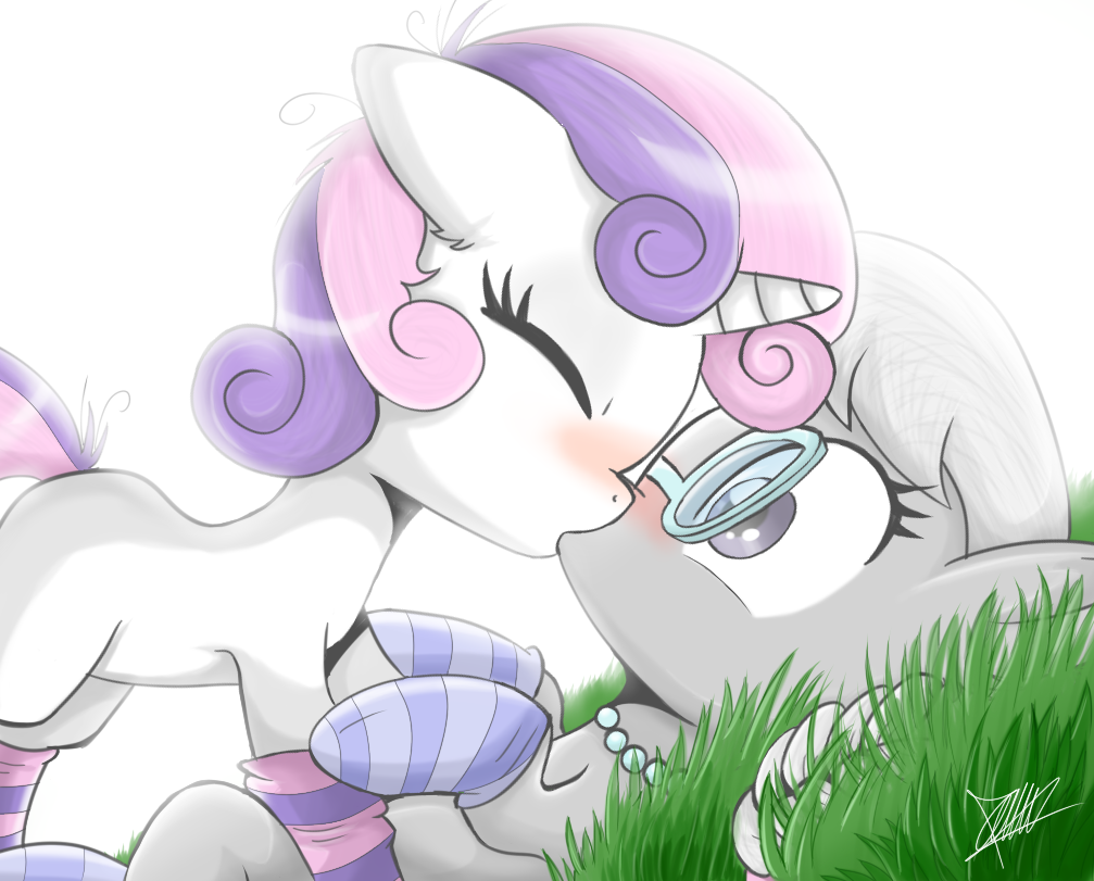 blush cub duo equine eyes_closed eyewear female feral friendship_is_magic fur glasses grey_fur grey_hair hair horn horse kissing lesbian lying mammal my_little_pony necklace on_back pony purple_eyes purple_hair silver_spoon_(mlp) socks surprise sweetie_belle_(mlp) the-butch-x two_tone_hair unicorn white_fur young
