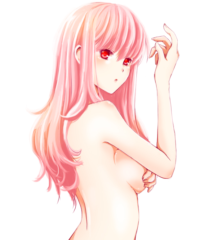 back breasts covering covering_breasts long_hair medium_breasts nude original pink_hair red_eyes sideboob simple_background solo toppema_mapetto
