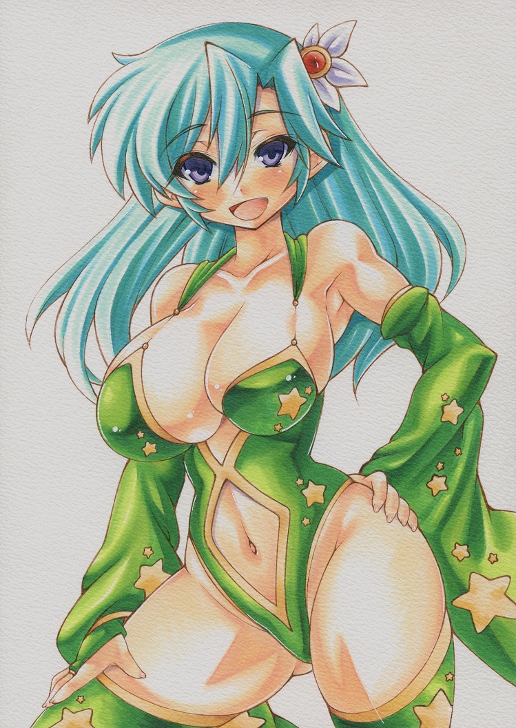 aqua_hair bad_anatomy blue_eyes breasts bridal_gauntlets cleavage curvy detached_sleeves final_fantasy final_fantasy_iv green_legwear green_leotard hair_ornament hand_on_hip hand_on_thigh large_breasts leotard long_hair looking_at_viewer navel navel_cutout open_mouth revealing_clothes rydia simple_background smile solo thighhighs traditional_media uneven_eyes white_background yutakasan-love