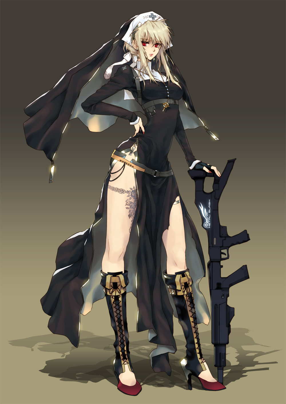 adapted_costume bad_id bad_pixiv_id blonde_hair boots breasts covered_navel cross cross-laced_footwear earrings fingerless_gloves gloves gun habit hand_on_hip harness hat high_heels highres jewelry knee_boots lace-up_boots long_legs medium_breasts nail_polish nun nurse_cap original red_eyes rifle shadow shoes short_hair side_slit single_glove slender_waist solo su_(noonrema) tattoo weapon