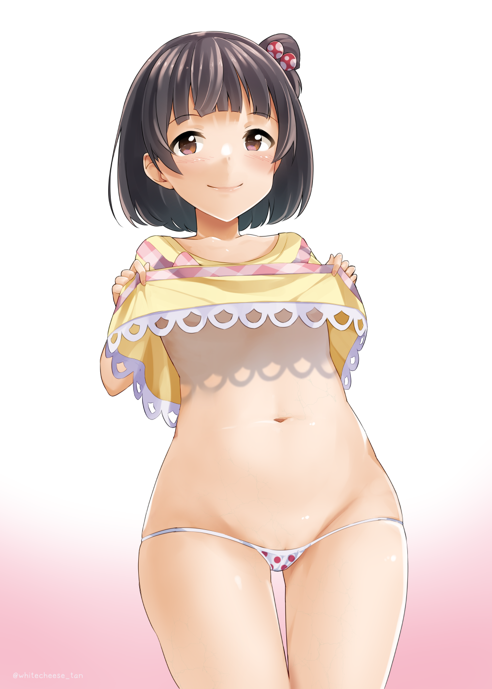 1girl bangs blush brown_eyes brown_hair closed_mouth collarbone commentary_request cowboy_shot dress dress_lift eyebrows_visible_through_hair gradient gradient_background groin hair_bobbles hair_ornament highres idolmaster idolmaster_million_live! nakatani_iku navel one_side_up panties pink_background polka_dot polka_dot_panties pussy_peek short_sleeves smile solo stomach thigh_gap twitter_username underwear white_background white_panties whitecheese_tan yellow_dress