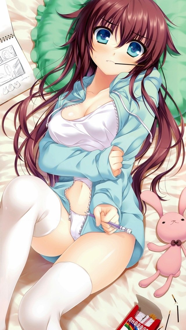 1girl artist_request big_breasts blue_eyes blush breasts brown_hair cameltoe character_request closed_mouth collarbone female large_breasts long_hair looking_at_viewer lying lying_on_back midriff mouth_hold navel on_back panties pencil pocky solo source_request thighhighs underwear white_legwear white_thighhighs