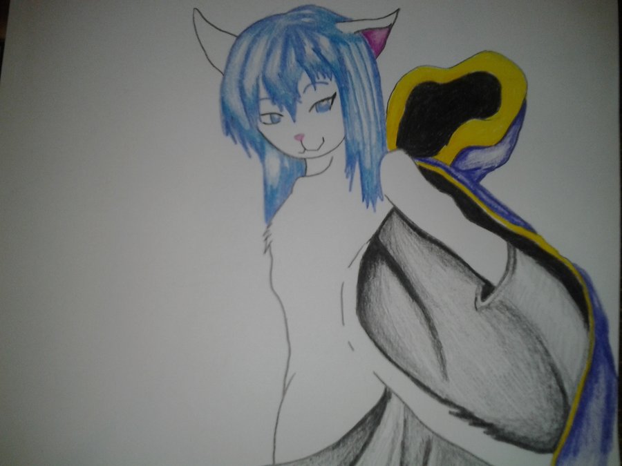 anthro arched_back back_turned blue_eyes blue_hair fur girly hair hood invalid_tag keeu looking_at_viewer male partially_clothed pose robe smile solo
