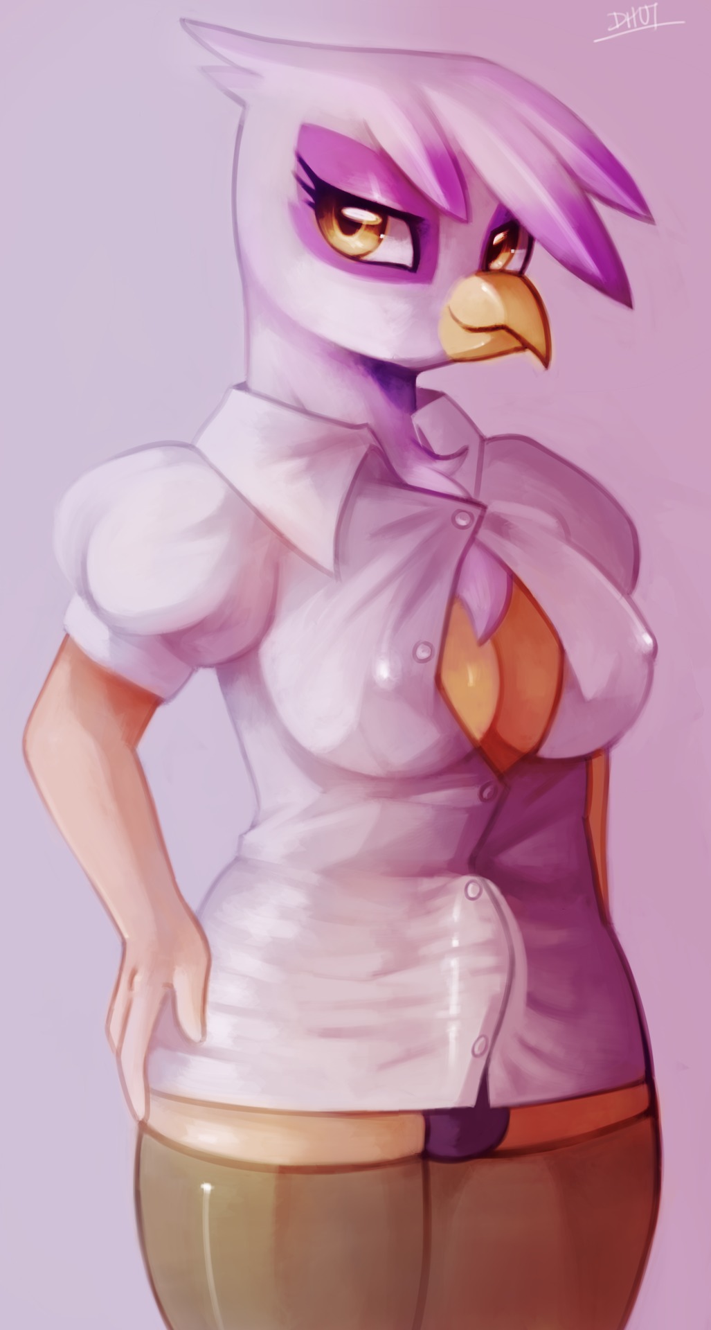 2013 amber_eyes anthro anthrofied avian bulge clothing crossgender dhui dickgirl female friendship_is_magic gilda_(mlp) gryphon intersex legwear looking_at_viewer my_little_pony penis signature solo stockings