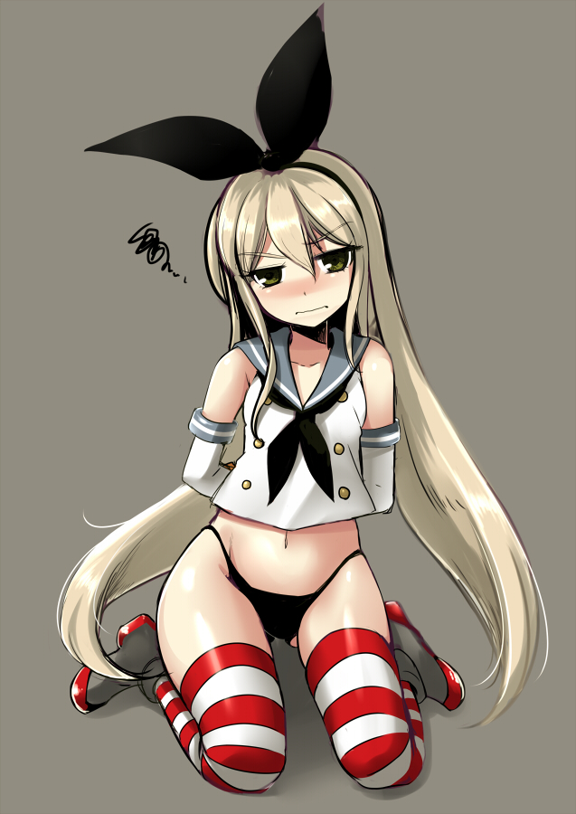 arms_behind_back black_panties blonde_hair blush elbow_gloves gloves green_eyes hairband highleg highleg_panties kantai_collection long_hair looking_at_viewer narumizg navel panties restrained shimakaze_(kantai_collection) simple_background solo squiggle striped striped_legwear thighhighs underwear very_long_hair wavy_mouth white_gloves