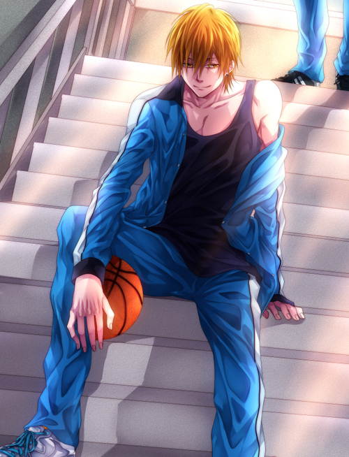 1boy basketball blonde_hair gym_uniform kise_ryouta kuroko_no_basuke sitting yellow_eyes