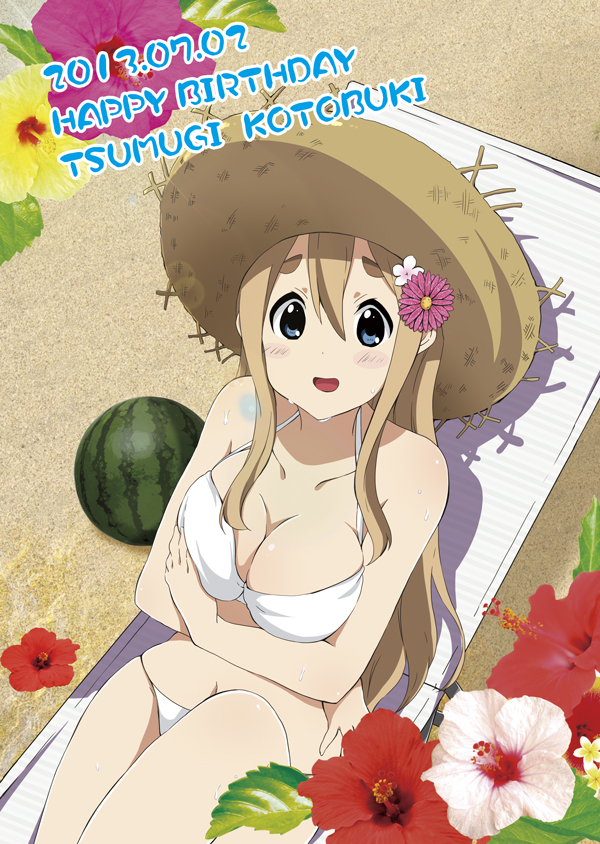 2013 :d bad_id bad_pixiv_id beach beach_chair bikini blonde_hair blue_eyes blush breasts character_name cleavage dated eyebrows flower food from_above fruit hair_flower hair_ornament happy_birthday hat hibiscus k-on! kotobuki_tsumugi large_breasts long_hair looking_at_viewer official_style open_mouth ragho_no_erika smile solo straw_hat sun_hat sweat swimsuit watermelon white_bikini