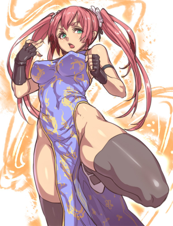 armband black_gloves black_legwear breasts china_dress chinese_clothes covered_navel dress fingerless_gloves from_below gloves green_eyes houtengeki leg_up long_hair medium_breasts no_panties open_mouth original pink_hair solo thick_thighs thighhighs thighs twintails