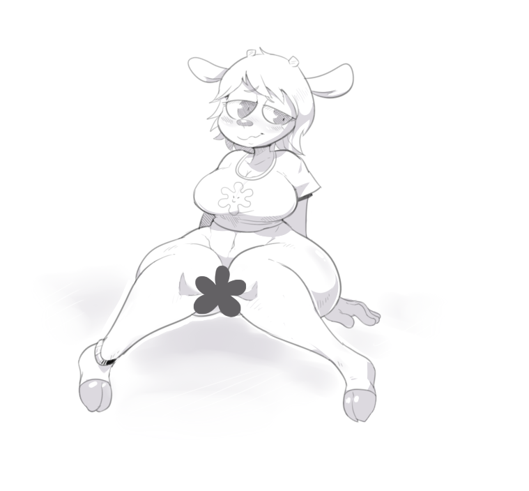 blush bottomless caprine censored female hooves lammy mammal mangneto navel parappa_the_rappa parappa_the_rapper plain_background sheep sitting solo thick_thighs um_jammer_lammy voluptuous wide_hips