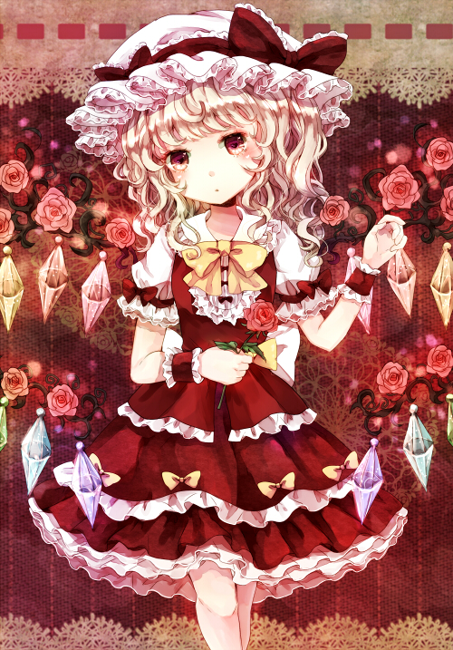 bad_id bad_pixiv_id blonde_hair bow dress flandre_scarlet flower frilled_dress frills hat hat_bow head_tilt jaku_sono looking_at_viewer mob_cap pink_eyes pink_flower pink_rose puffy_sleeves red_dress rose shirt short_sleeves solo touhou wings wrist_cuffs