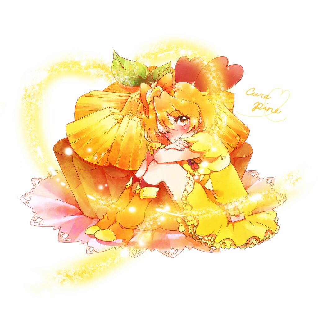 1girl blonde_hair blush boots brown_eyes character_name cure_pine dress food fresh_precure! fruit hair_ornament heart heart_hair_ornament kuzumochi looking_at_viewer magical_girl object_namesake pineapple precure short_hair simple_background sitting smile solo wink wrist_cuffs yamabuki_inori