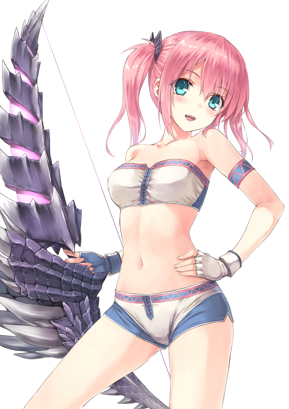 armband bad_id bad_pixiv_id bandeau bare_shoulders blue_eyes blush bow_(weapon) cowboy_shot fingerless_gloves gloves hand_on_hip highres hiten_(hitenkei) looking_at_viewer monster_hunter navel parted_lips pink_hair short_hair short_twintails shorts simple_background smile solo twintails weapon white_background