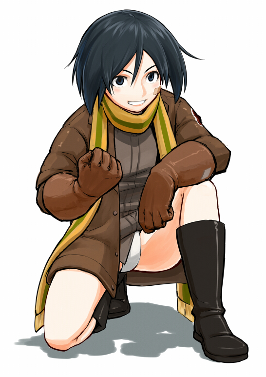 bandaid bandaid_on_face black_hair blue_eyes blush_stickers boots brave_witches clenched_hand full_body gloves grin jacket kanno_naoe kneeling leather leather_jacket military_jacket panties rikizo scarf shadow short_hair smile solo underwear white_background white_panties world_witches_series