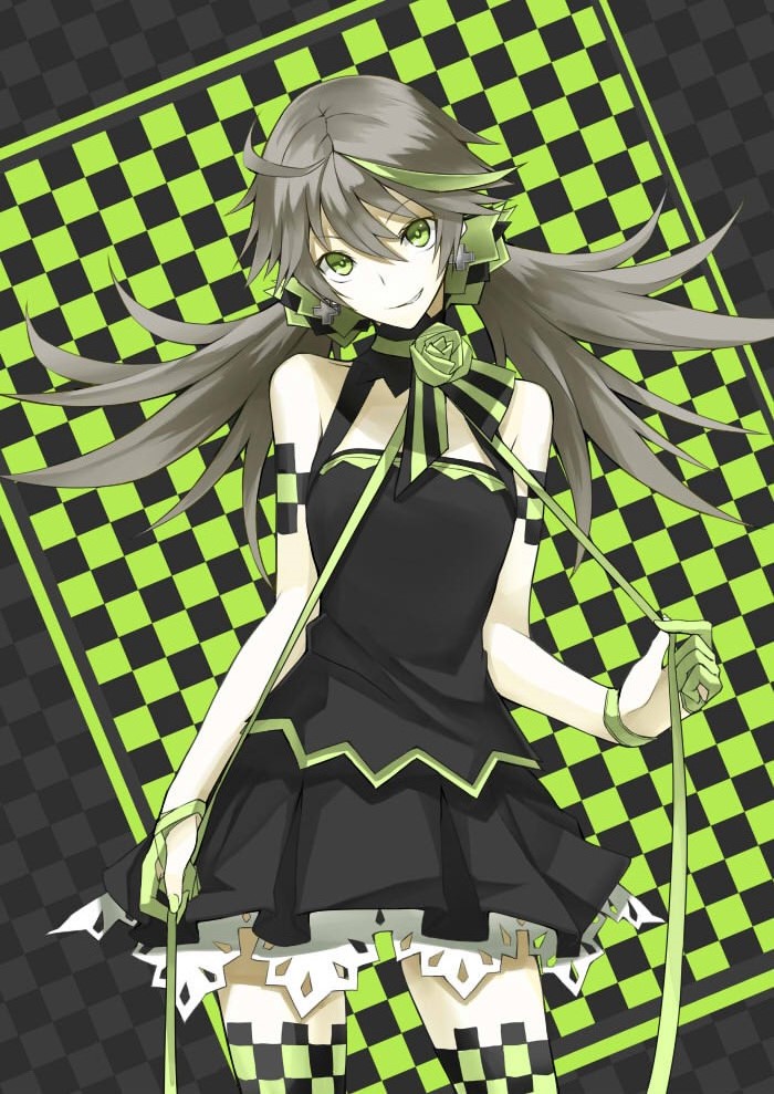 brown_hair checkered checkered_background checkered_legwear dress earrings flower gloves green_eyes green_hair hair_ornament half_gloves jewelry kauto long_hair multicolored_hair ribbon rose smirk solo supercell thighhighs twintails zettai_ryouiki
