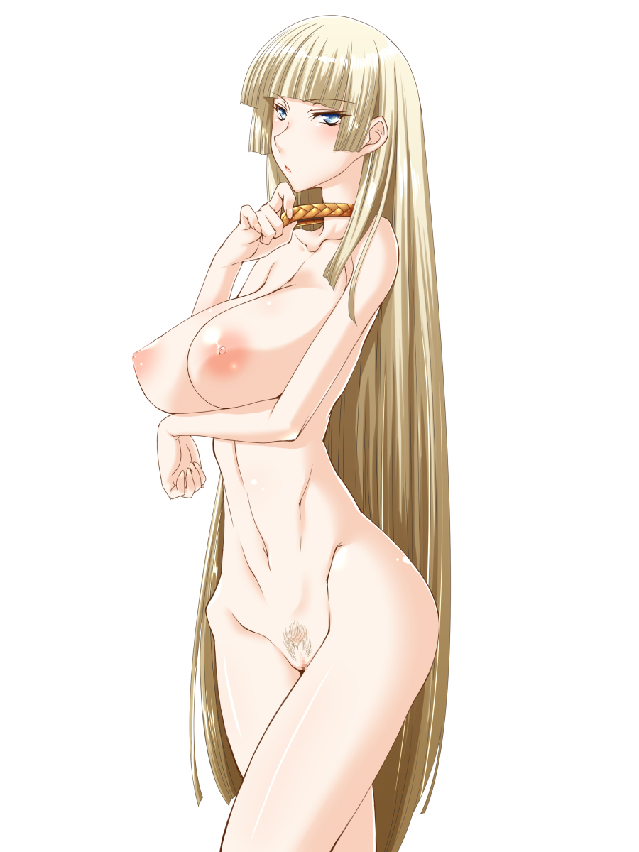 blonde_hair blue_eyes breasts censored collar ebido highres large_breasts long_hair navel nipples nude original pubic_hair pussy simple_background solo very_long_hair
