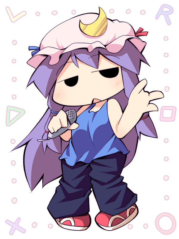 bad_id bad_pixiv_id chibi cosplay crescent hat jitome long_hair microphone parappa parappa_(cosplay) parappa_the_rapper patchouli_knowledge purple_hair solo touhou ushi