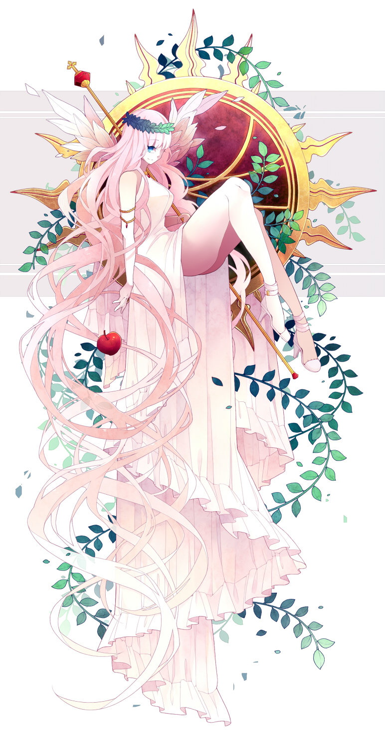 absurdly_long_hair anklet apple armlet bad_id bad_pixiv_id blue_eyes crown dress food fruit full_body high_heels highres jewelry long_hair lyodi megurine_luka pink_hair scepter shoes solo staff very_long_hair vocaloid