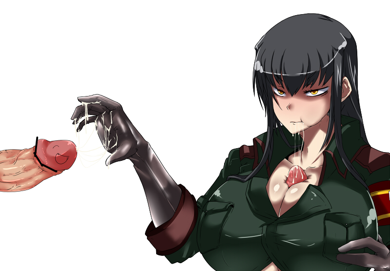 :t black_gloves black_hair breasts busujima censored cleavage cum cum_in_mouth disembodied_penis elbow_gloves facial gloves huge_breasts kamen_no_hito large_penis military military_uniform no_bra original paizuri paizuri_under_clothes penis pointless_censoring shiny shiny_clothes tsurime uniform yellow_eyes