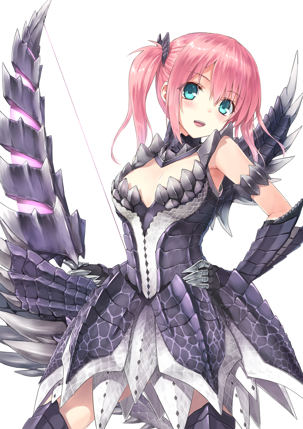 alatreon_(armor) armor bad_id bad_pixiv_id blue_eyes bow_(weapon) breasts cowboy_shot gauntlets highres hiten_(hitenkei) looking_at_viewer medium_breasts monster_hunter pink_hair short_hair short_twintails simple_background smile solo thighhighs twintails weapon white_background