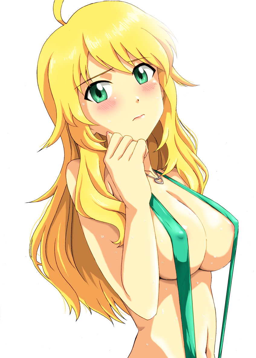 ahoge blonde_hair blush breasts covered_nipples fugakuhyakkei green_eyes green_swimsuit hoshii_miki idolmaster idolmaster_(classic) large_breasts long_hair looking_at_viewer slingshot_swimsuit solo standing swimsuit white_background