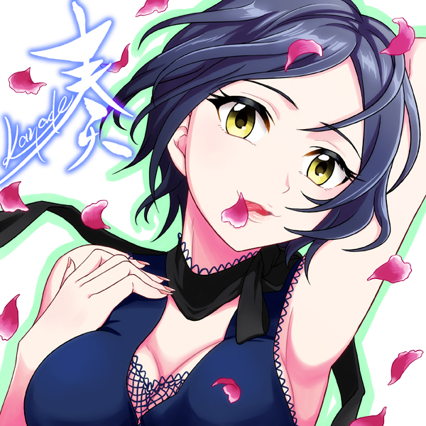 armpits bad_id bad_pixiv_id bangs blue_hair breasts character_name cleavage hayami_kanade idolmaster idolmaster_cinderella_girls medium_breasts parted_bangs petals short_hair sleeveless solo souen_hiro tongue yellow_eyes