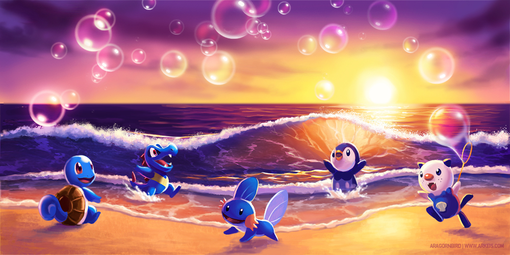 arkeis-pokemon beach black_eyes bubble bubbles cloud clouds feral mammal mudkip mustelid nintendo open_mouth oshawott otter outside piplup pok&#233;mon pok&eacute;mon red_eyes sand scalie sea seaside sky smile squirtle sun sunset totodile video_games water wave waves