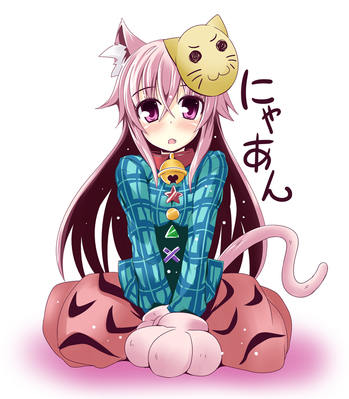 :3 animal_ears bell bell_collar blush bow cat_ears cat_mask cat_tail collar face_mask fang gloves hata_no_kokoro ichimi kemonomimi_mode long_hair long_sleeves looking_at_viewer mask open_mouth paw_gloves paws pink_eyes pink_hair plaid plaid_shirt shirt simpson_(gonpurin) sitting skirt solid_circle_eyes solo tail touhou very_long_hair white_background wide_sleeves