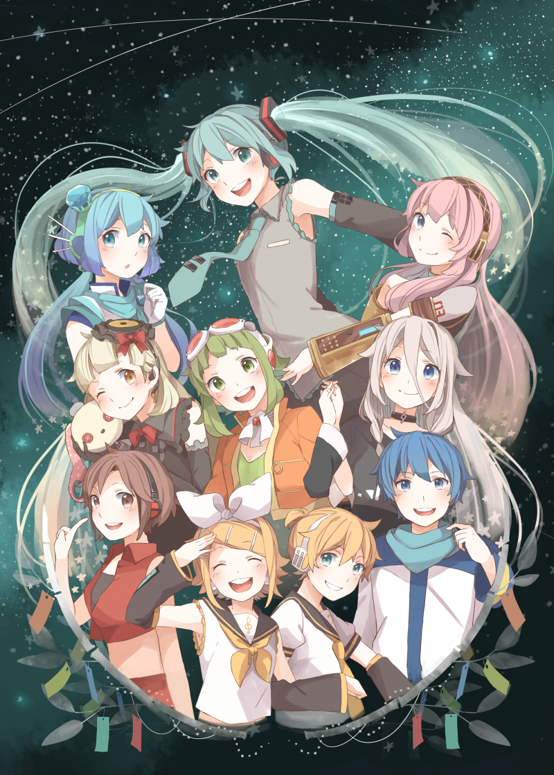 6+girls :d ;) ^_^ aoki_lapis blonde_hair blue_eyes blue_hair brown_eyes brown_hair choker closed_eyes detached_sleeves elbow_gloves gem gloves goggles goggles_on_head green_eyes green_hair gumi hair_ornament hair_ribbon hairclip hatsune_miku headphones ia_(vocaloid) index_finger_raised kagamine_len kagamine_rin kaito kana_(okitasougo222) long_hair mayu_(vocaloid) megpoid_(vocaloid3) megurine_luka meiko midriff multiple_boys multiple_girls necktie one_eye_closed open_mouth pink_hair ribbon scarf smile stuffed_animal stuffed_bunny stuffed_toy twintails usano_mimi very_long_hair vocaloid yellow_eyes