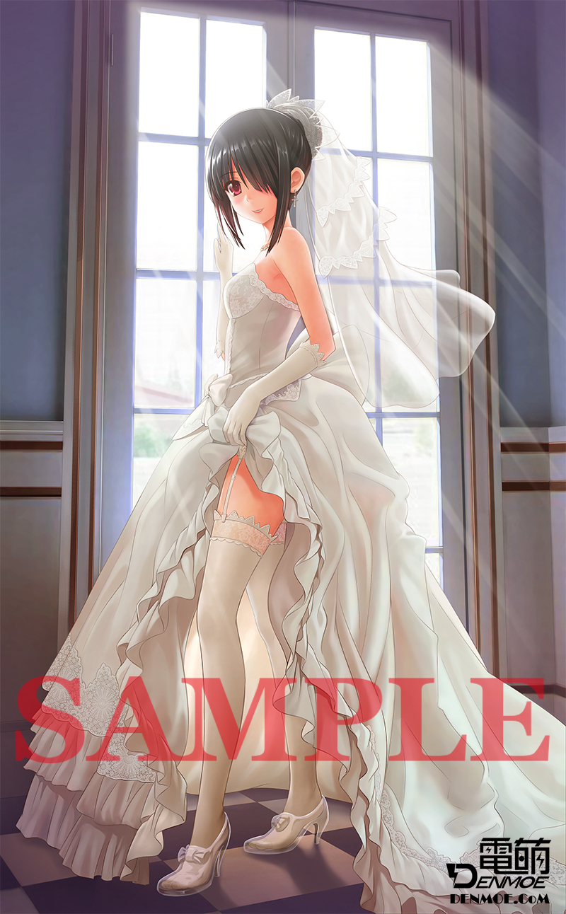 bad_id bad_pixiv_id bare_shoulders black_hair bridal_veil checkered checkered_floor cross date_a_live dress dress_lift earrings elbow_gloves garter_straps glass_slipper gloves hair_bun hair_over_one_eye high_heels highres jewelry lace lace-trimmed_thighhighs long_hair looking_at_viewer misakamitoko0903 necklace red_eyes sample shoes smile solo thighhighs tokisaki_kurumi veil wedding_dress white_legwear window