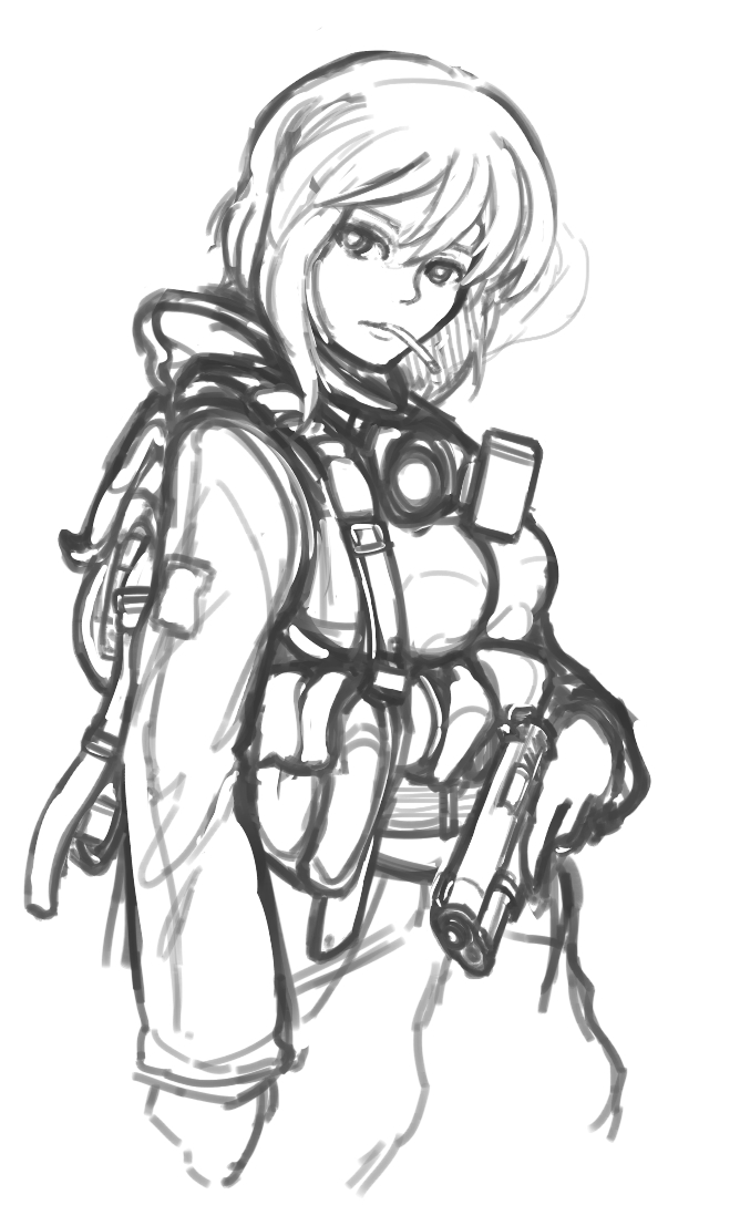 arceonn backpack bag cigarette ghost_in_the_shell ghost_in_the_shell_stand_alone_complex greyscale gun handgun kusanagi_motoko left-handed load_bearing_vest military_operator monochrome parody pistol short_hair sketch solo stalker_(game) weapon