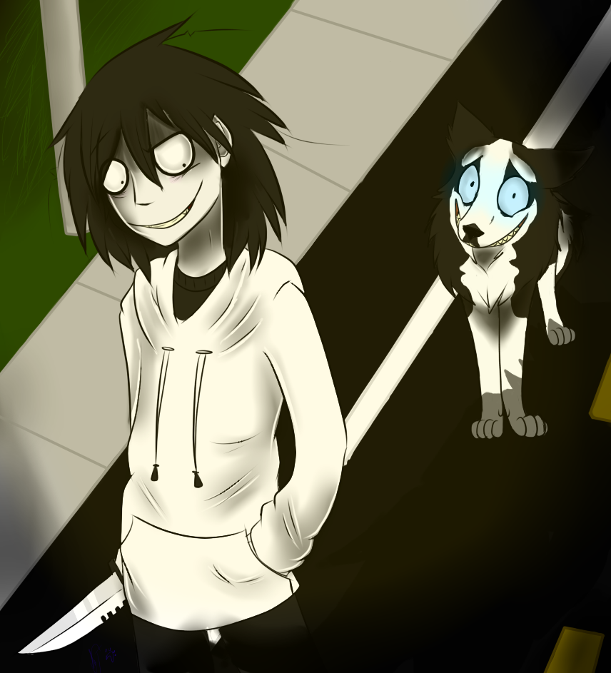 black_hair blue_eyes canine clothed clothing creepypasta cute day dog duo feral fur grass grin hair human husky jeff_the_killer knife male mammal outside road smile smile.dog teeth tomorrow-yesterday white_fur
