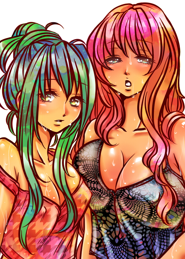 breasts cleavage covered_nipples green_eyes green_hair hatsune_miku large_breasts long_hair megurine_luka multiple_girls ntkshino red_hair sweat vocaloid white_background