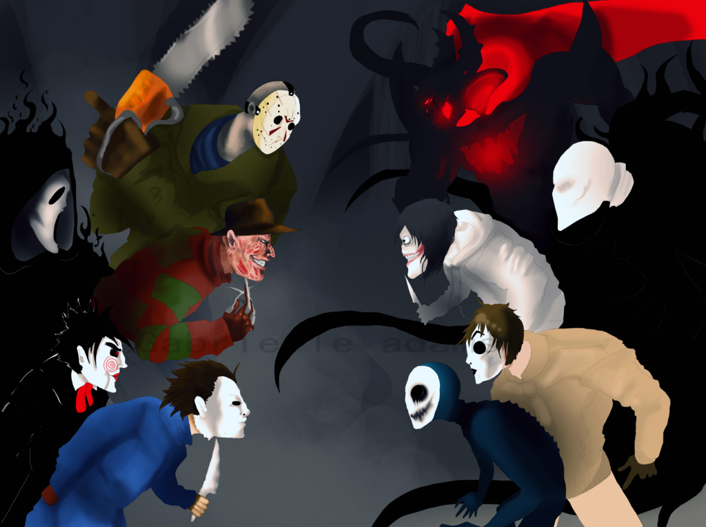 brown_hair chainsaw claws clothed clothing creepypasta demon freddy_kruger ghostface glove grin hair hat human jason_voorhees jeff_the_killer jigsaw knife mask michael_myers open_mouth slenderman smile teeth tentacles weapon zalgo