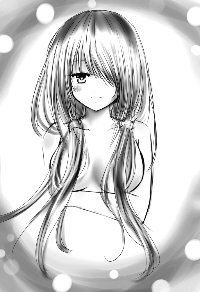 black_hair blush breasts date_a_live greyscale long_hair looking_at_viewer medium_breasts miru_(millefeuille) monochrome one_eye_covered simple_background smile solo tokisaki_kurumi twintails
