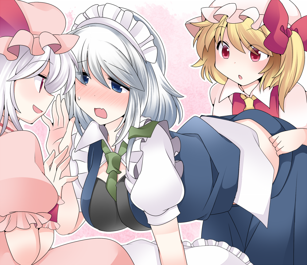 bad_id bad_pixiv_id bent_over between_breasts blonde_hair blue_eyes blush breasts commentary_request dress flandre_scarlet hammer_(sunset_beach) izayoi_sakuya maid maid_headdress multiple_girls necktie necktie_between_breasts open_mouth pink_dress puffy_sleeves red_dress red_eyes remilia_scarlet shirt short_sleeves siblings silver_hair sisters skirt skirt_pull skirt_set smile smirk sweatdrop touhou vest wavy_mouth wrist_cuffs yuri