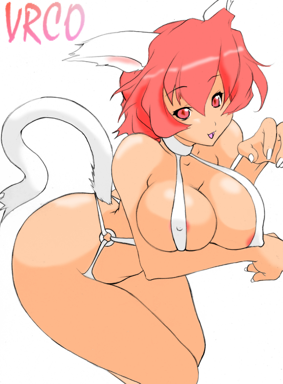 1girl breasts large_breasts lion_(abc3639) rai_on_(abc3639) red_hair simple_background solo white_background
