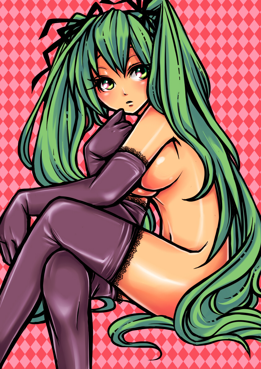 argyle argyle_background breasts crossed_legs elbow_gloves gloves green_eyes green_hair hair_ribbon hatsune_miku lace lace-trimmed_gloves lace-trimmed_thighhighs long_hair looking_back medium_breasts navel ntkshino nude ribbon shiny shiny_skin sideboob sitting solo thighhighs twintails very_long_hair vocaloid