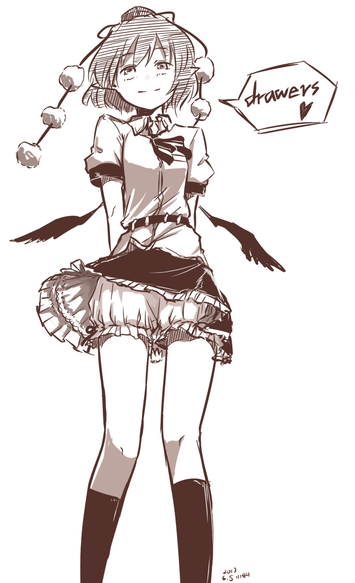 arms_behind_back bloomers dated english from_below hat heart kawashina_(momen_silicon) kneehighs light_smile looking_at_viewer low_wings monochrome necktie shameimaru_aya shirt short_hair skirt smile solo tokin_hat touhou underwear upskirt white_background wind wind_lift wings