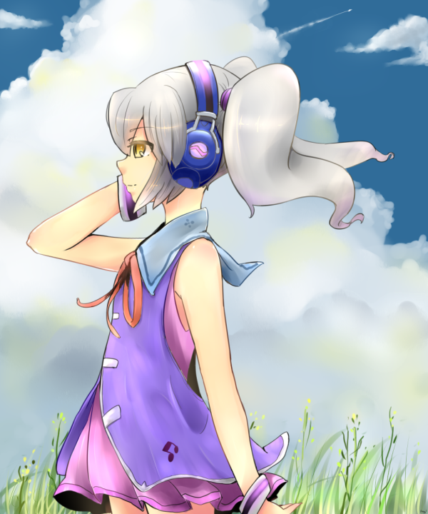 bare_shoulders cloud disc_(needless) drawfag dress grass headphones long_hair needless non-web_source ribbon silver_hair sky solo twintails yellow_eyes