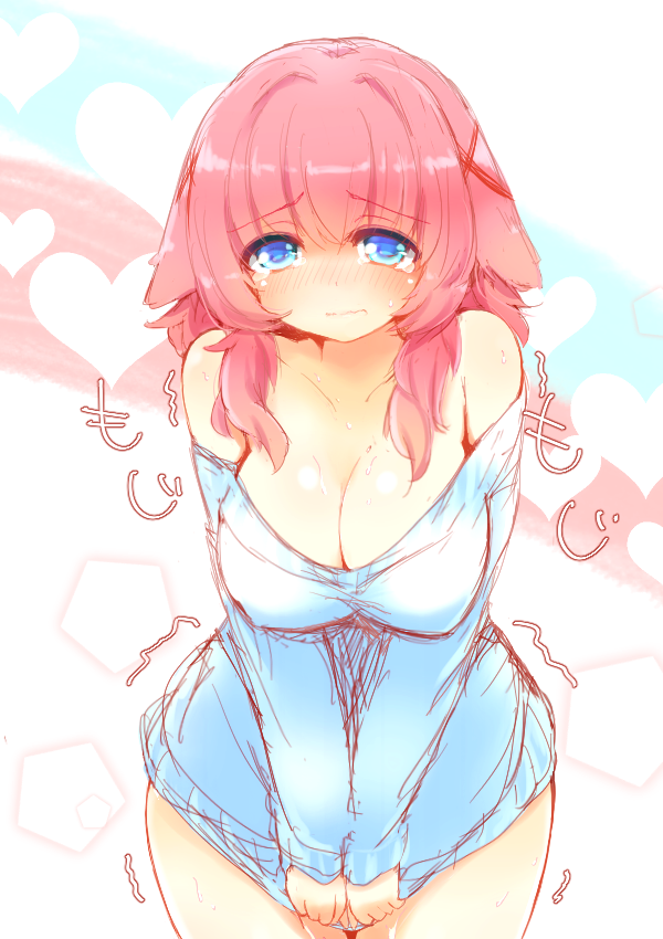 bad_id bad_pixiv_id bare_shoulders blue_eyes blush breasts cleavage collarbone covering covering_crotch ears_down kanae_(naomi) large_breasts looking_at_viewer naomi_(sekai_no_hate_no_kissaten) off-shoulder_sweater original pink_hair shiny shiny_skin shirt_tug solo sweater tears trembling wavy_mouth