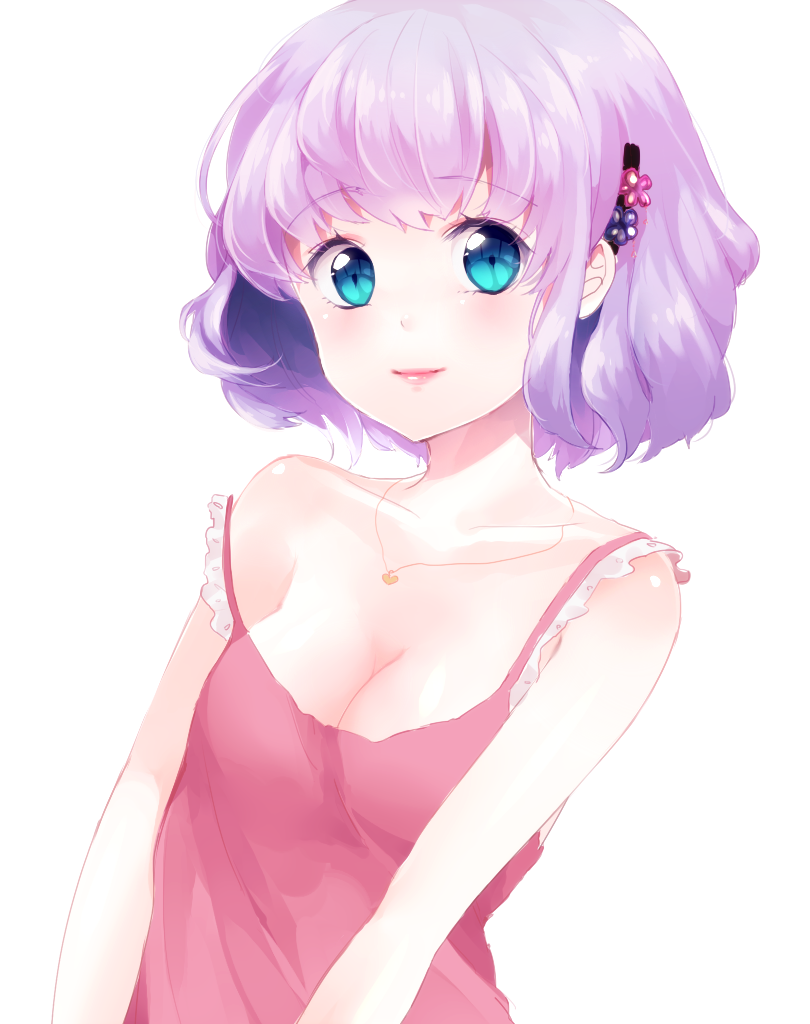 bad_id bad_pixiv_id blue_eyes breasts cleavage hair_ornament hairclip lips original purple_hair short_hair simple_background small_breasts smile solo somaline strap_slip
